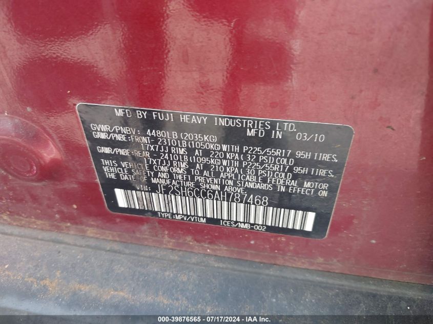 2010 Subaru Forester 2.5X Premium VIN: JF2SH6CC6AH787468 Lot: 39876565