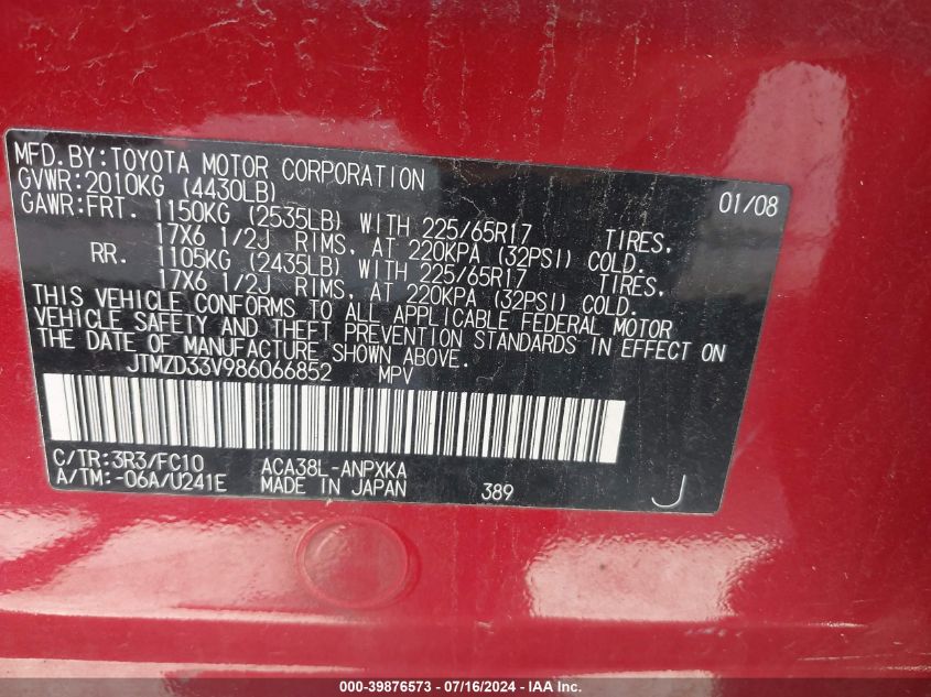 2008 Toyota Rav4 VIN: JTMZD33V986066852 Lot: 39876573