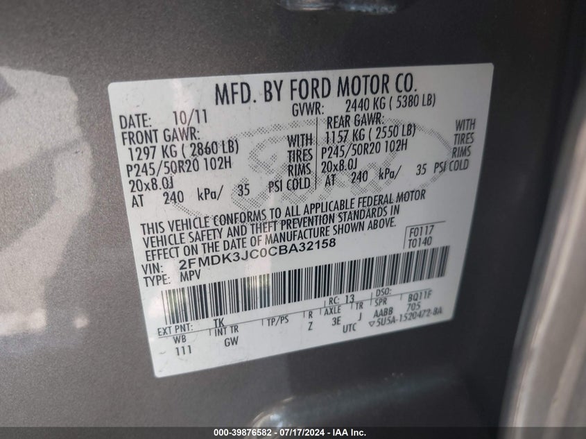 2012 Ford Edge Sel VIN: 2FMDK3JC0CBA32158 Lot: 39876582