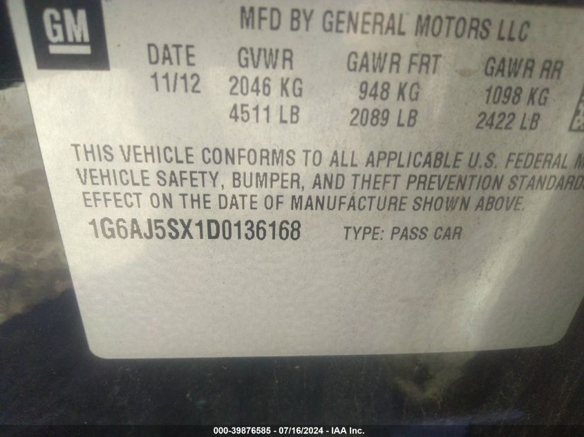 2013 Cadillac Ats Performance VIN: 1G6AJ5SX1D0136168 Lot: 39876585