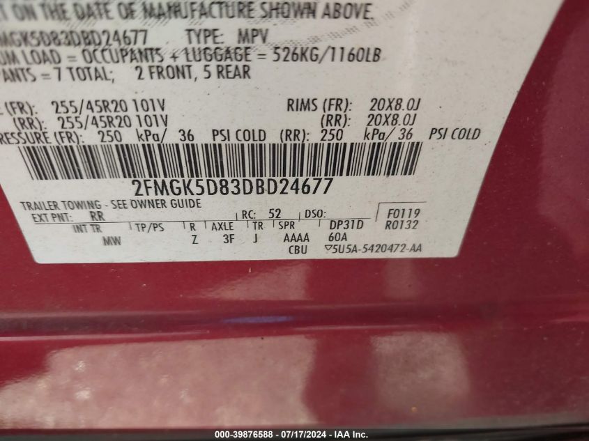 2013 Ford Flex Limited VIN: 2FMGK5D83DBD24677 Lot: 39876588