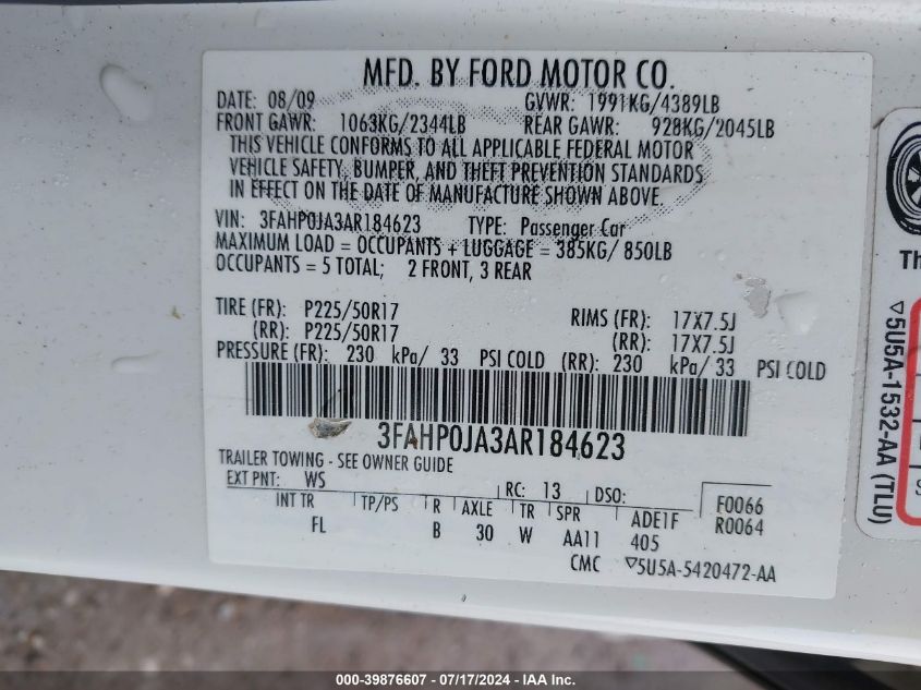 2010 Ford Fusion Sel VIN: 3FAHP0JA3AR184623 Lot: 39876607