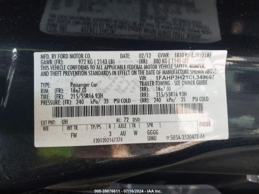 1FAHP3H21CL349697 2012 Ford Focus Sel