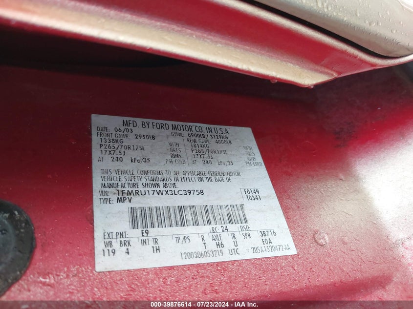 2003 Ford Expedition Eddie Bauer VIN: 1FMRU17WX3LC39758 Lot: 39876614