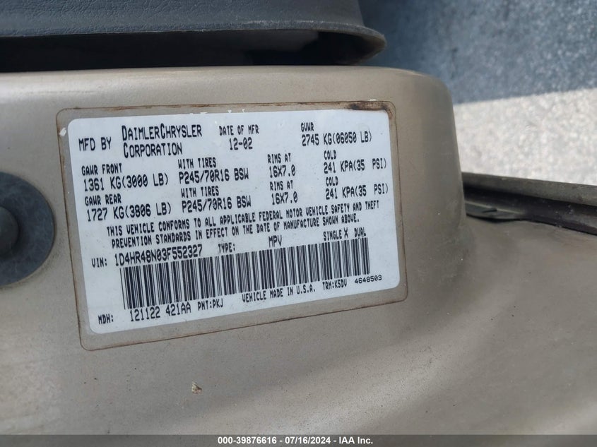 2003 Dodge Durango Slt VIN: 1D4HR48N03F552327 Lot: 39876616