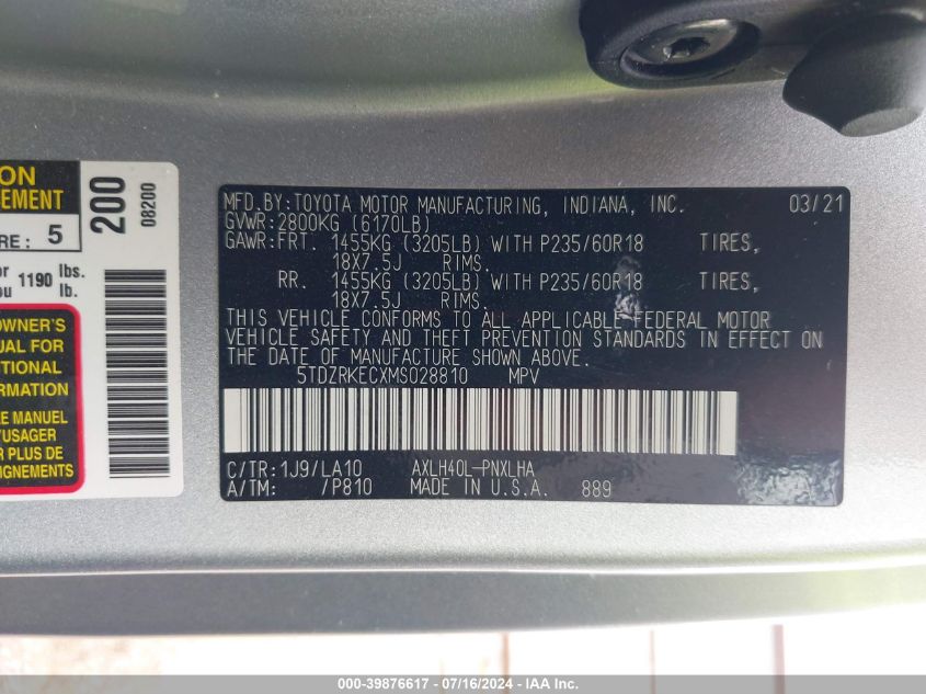 5TDZRKECXMS028810 2021 Toyota Sienna Limited