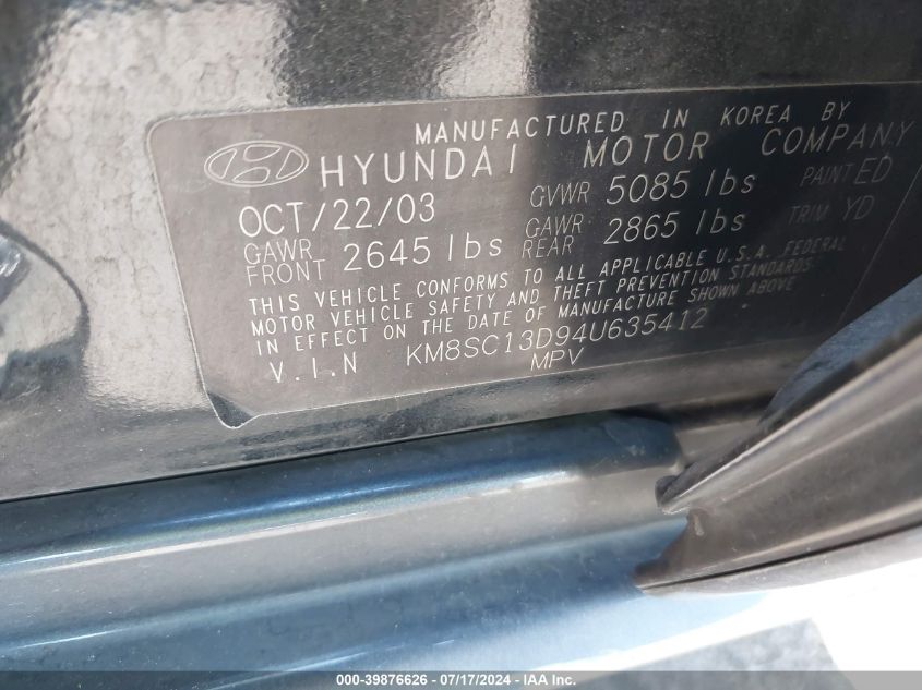 2004 Hyundai Santa Fe Gls VIN: KM8SC13D94U635412 Lot: 39876626