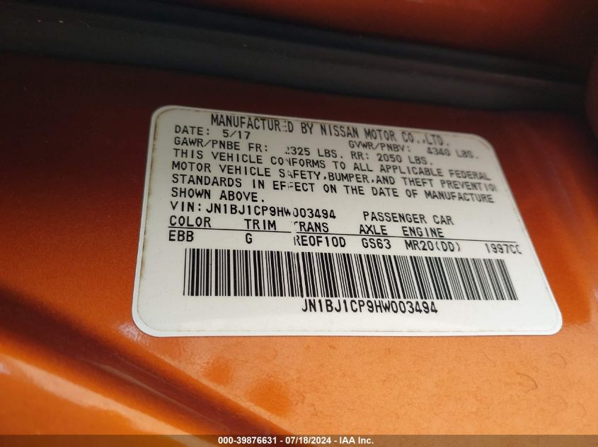 2017 Nissan Rogue Sport S/Sv/Sl VIN: JN1BJ1CP9HW003494 Lot: 39876631