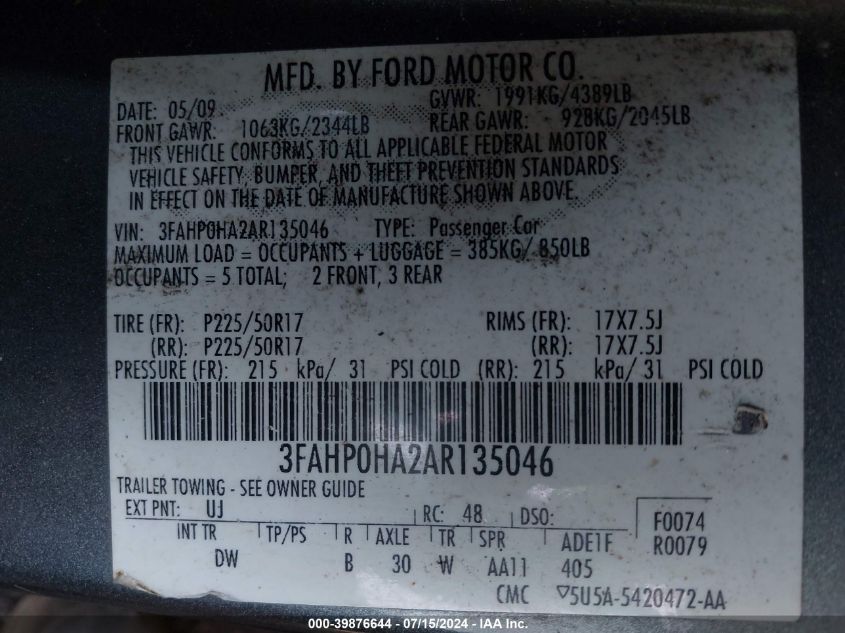 2010 Ford Fusion Se VIN: 3FAHP0HA2AR135046 Lot: 39876644