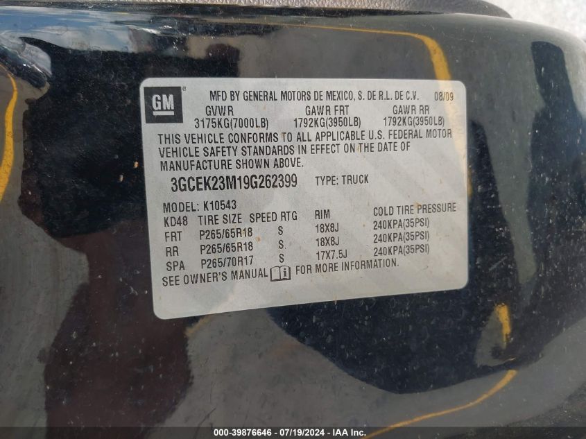 2009 Chevrolet Silverado 1500 Lt VIN: 3GCEK23M19G262399 Lot: 39876646