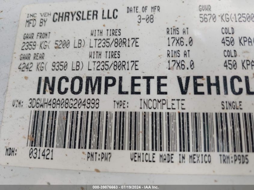 2008 Dodge Ram 3500 Hd Chassis St/Slt/Laramie VIN: 3D6WH48A08G204998 Lot: 39876663