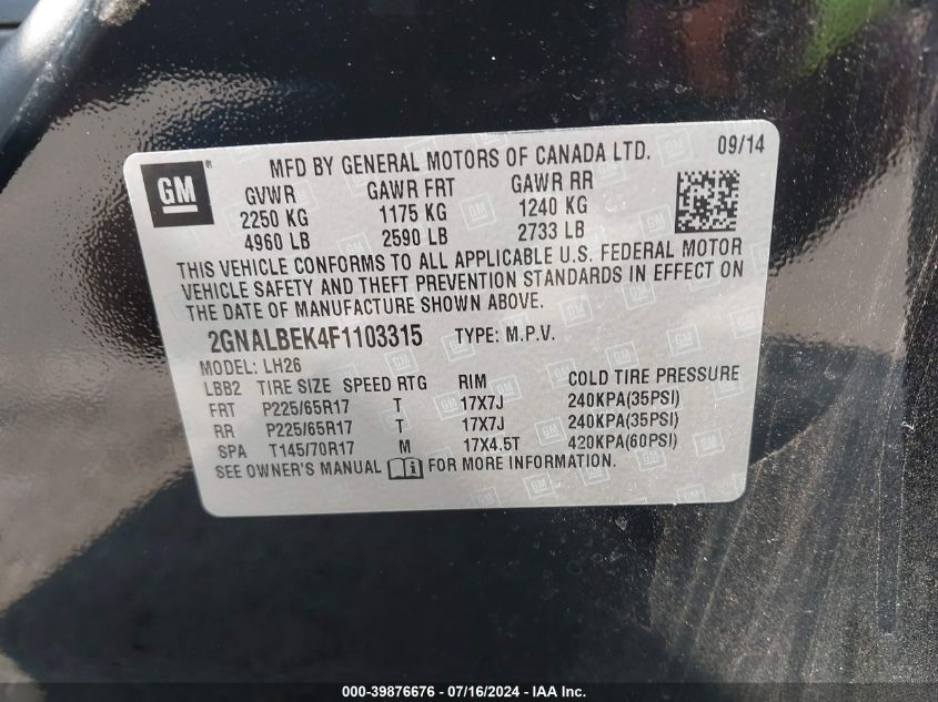 2015 Chevrolet Equinox Lt VIN: 2GNALBEK4F1103315 Lot: 39876676