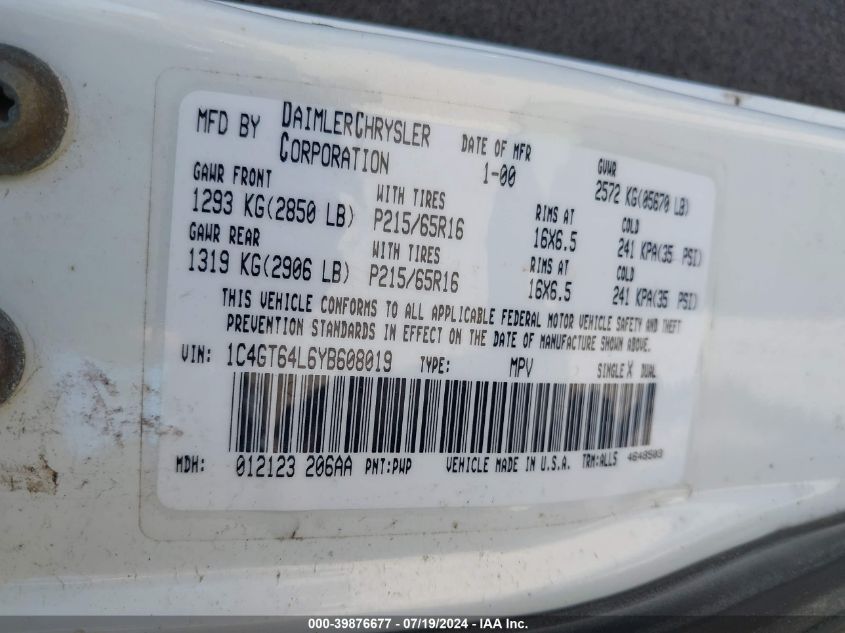 2000 Chrysler Town & Country Limited VIN: 1C4GT64L6YB608019 Lot: 39876677