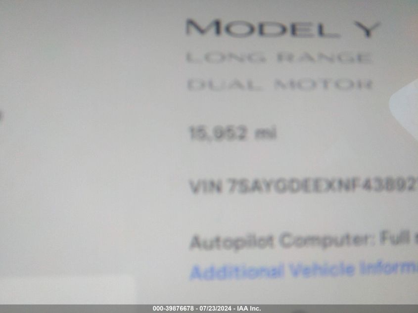 2022 Tesla Model Y Long Range Dual Motor All-Wheel Drive VIN: 7SAYGDEEXNF438921 Lot: 39876678