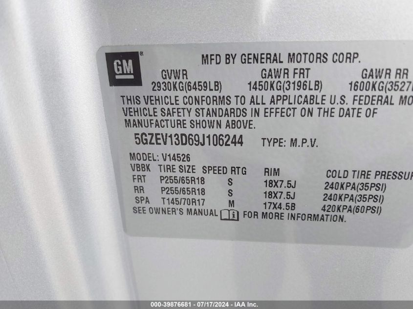 2009 Saturn Outlook Xe VIN: 5GZEV13D69J106244 Lot: 39876681