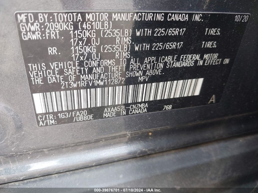 2021 Toyota Rav4 Xle VIN: 2T3W1RFV1MW112872 Lot: 39876701