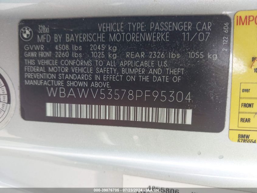 2008 BMW 328Xi VIN: WBAWV53578PF95304 Lot: 39876705