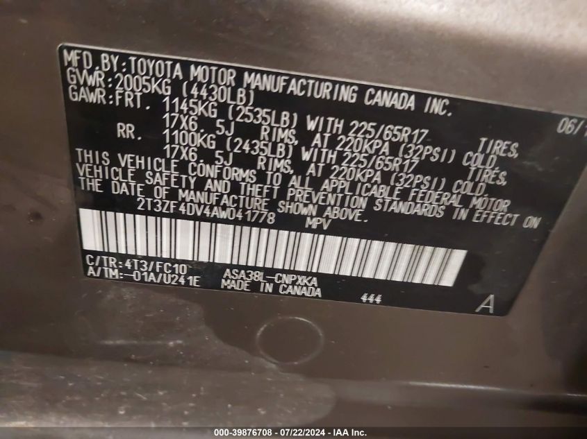 2010 Toyota Rav4 VIN: 2T3ZF4DV4AW041778 Lot: 39876708