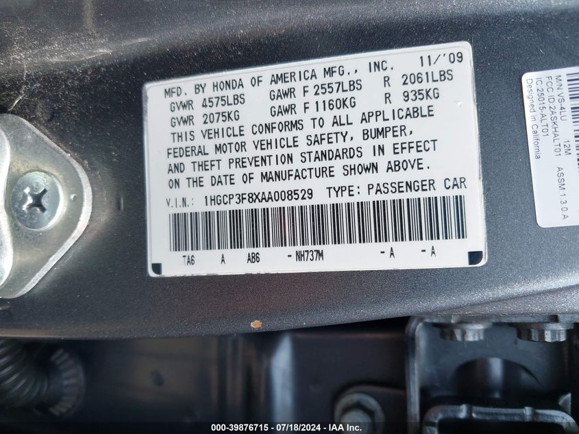 2010 Honda Accord 3.5 Ex-L VIN: 1HGCP3F8XAA008529 Lot: 39876715