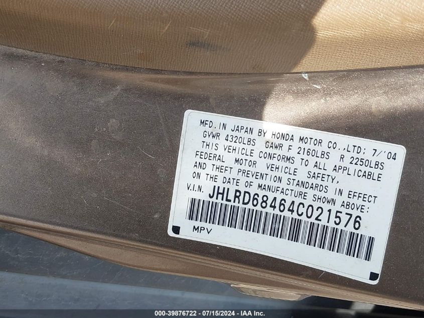2004 Honda Cr-V Lx VIN: JHLRD68464C021576 Lot: 39876722
