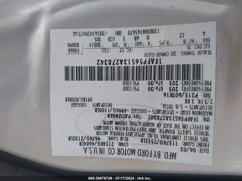 1FAFP56S13A278342 2003 Ford Taurus Sel