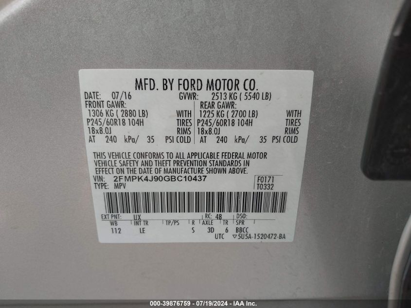 2016 Ford Edge Sel VIN: 2FMPK4J90GBC10437 Lot: 39876759
