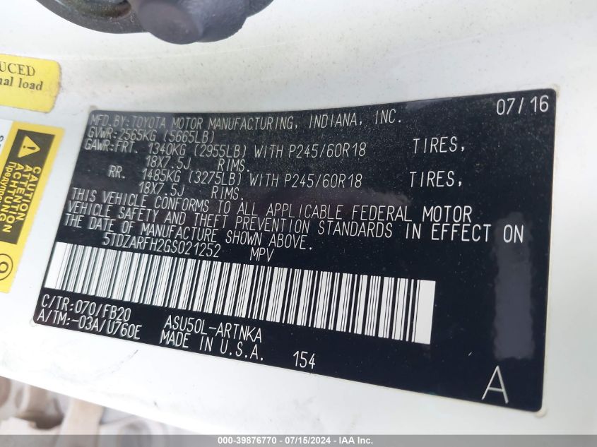 2016 Toyota Highlander Le VIN: 5TDZARFH2GS021252 Lot: 39876770