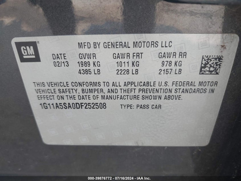 2013 Chevrolet Malibu 1Fl VIN: 1G11A5SA0DF252508 Lot: 39876772
