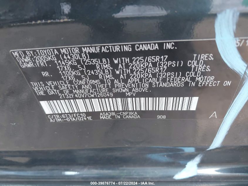 2012 Toyota Rav4 VIN: 2T3ZF4DV7CW126049 Lot: 39876774