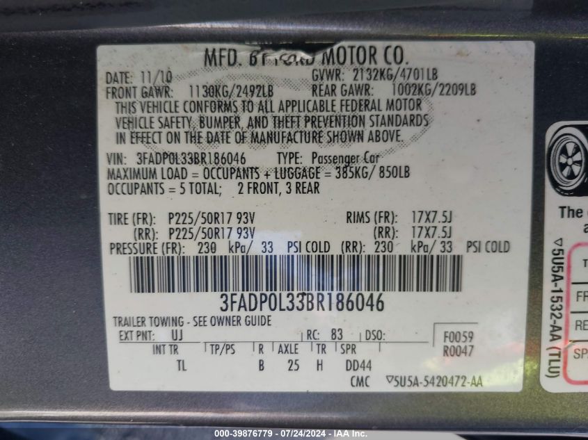 2011 Ford Fusion Hybrid VIN: 3FADP0L33BR186046 Lot: 39876779