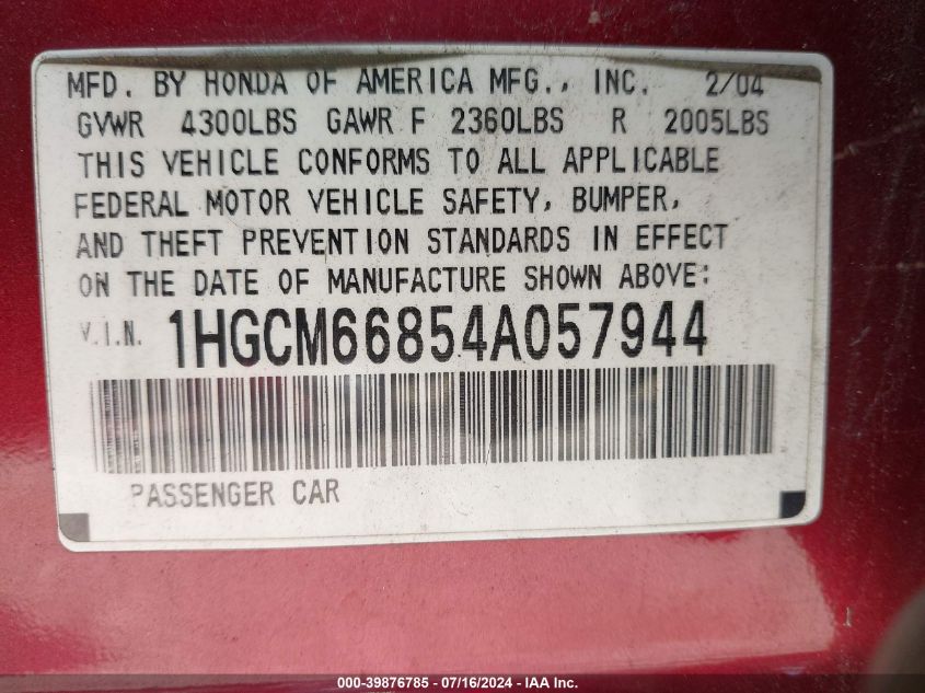 2004 Honda Accord 3.0 Ex VIN: 1HGCM66854A057944 Lot: 39876785