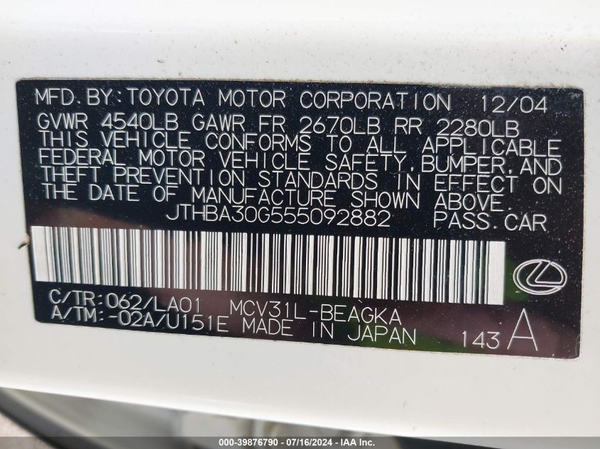 2005 Lexus Es 330 VIN: JTHBA30G555092882 Lot: 39876790