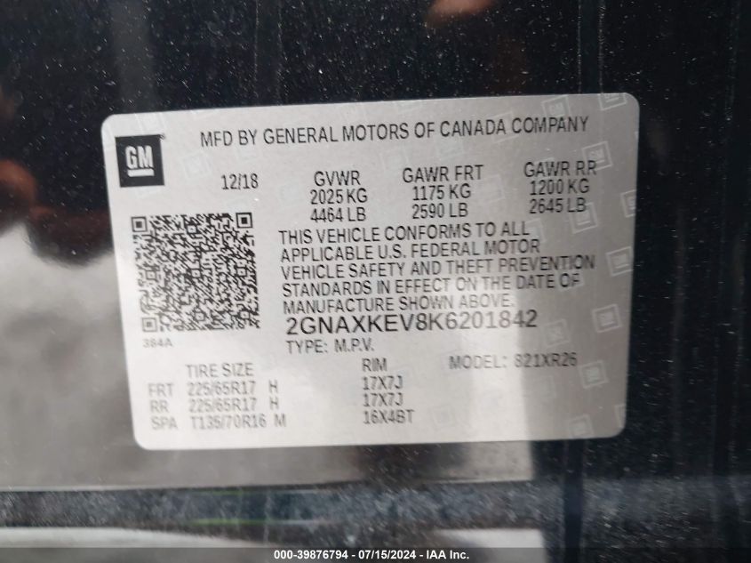 2019 Chevrolet Equinox Lt VIN: 2GNAXKEV8K6201842 Lot: 39876794