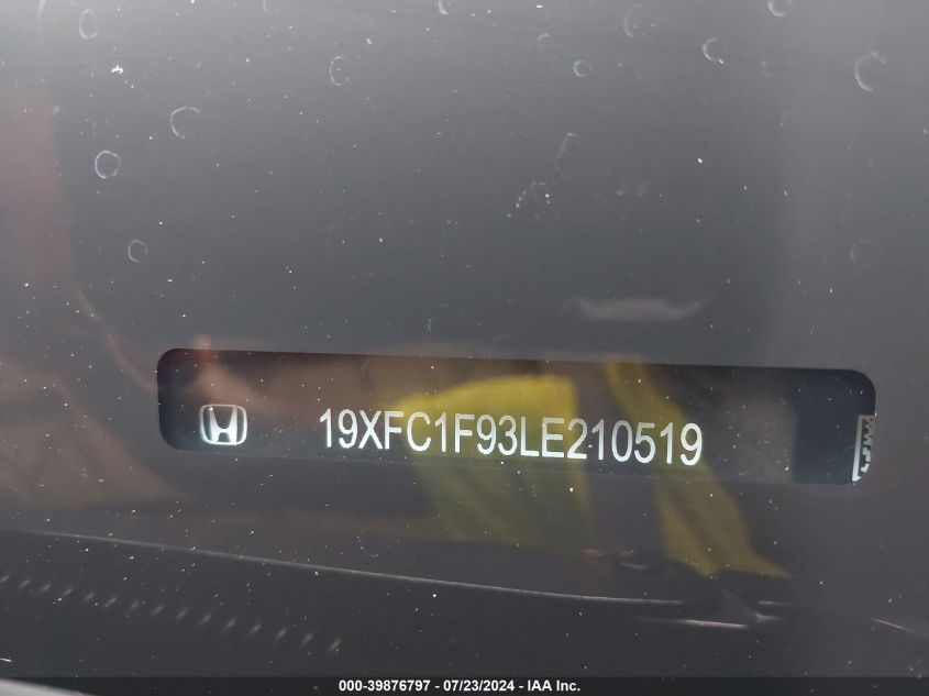 2020 Honda Civic Touring VIN: 19XFC1F93LE210519 Lot: 39876797