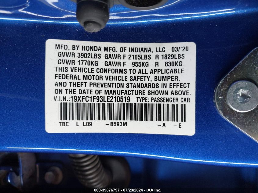 2020 Honda Civic Touring VIN: 19XFC1F93LE210519 Lot: 39876797
