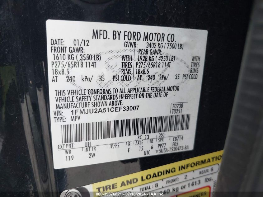 2012 Ford Expedition Limited VIN: 1FMJU2A51CEF33007 Lot: 39876821