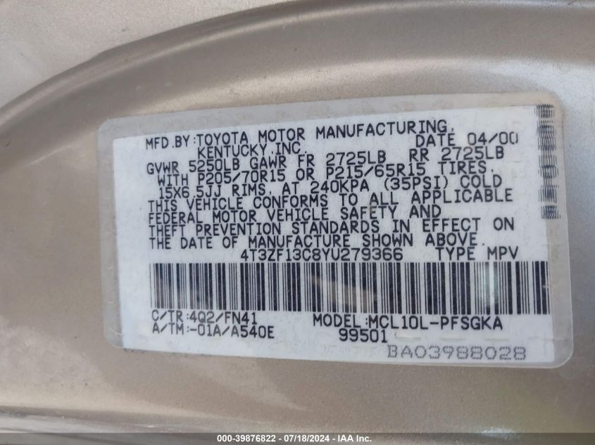 2000 Toyota Sienna Le VIN: 4T3ZF13C8YU279366 Lot: 39876822