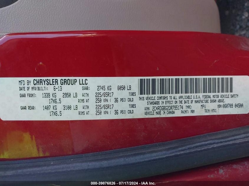 2013 Dodge Grand Caravan Se VIN: 2C4RDGBG2DR795174 Lot: 39876826