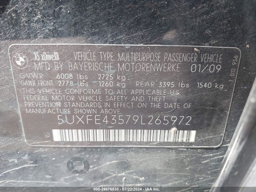 2009 BMW X5 xDrive30I VIN: 5UXFE43579L265972 Lot: 39876835