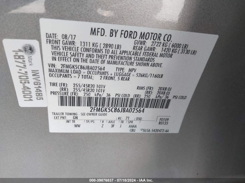 2FMGK5C86JBA02564 2018 Ford Flex Sel