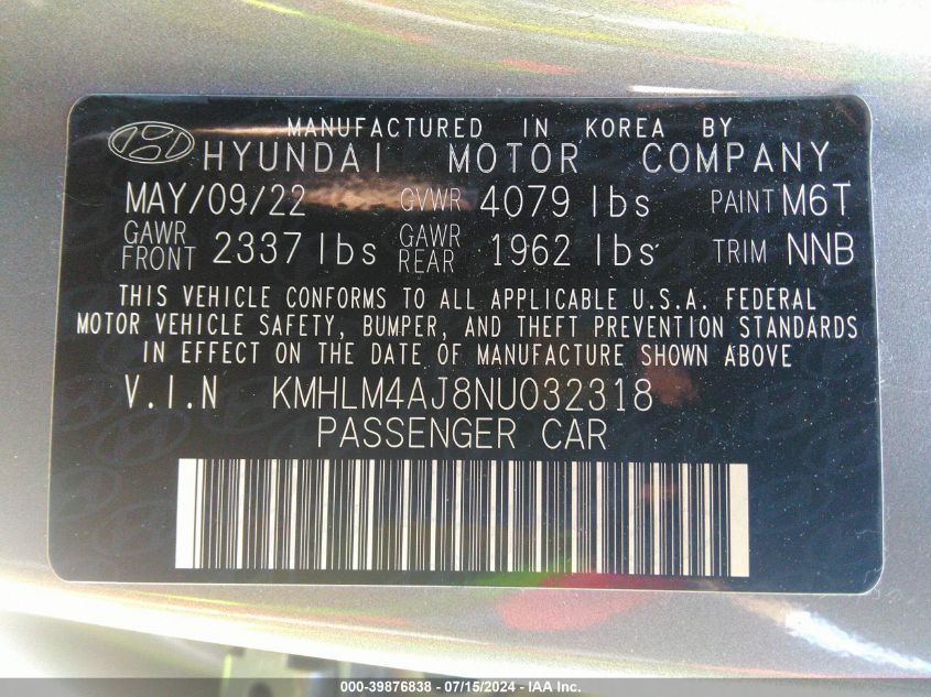 KMHLM4AJ8NU032318 2022 Hyundai Elantra Hybrid Blue