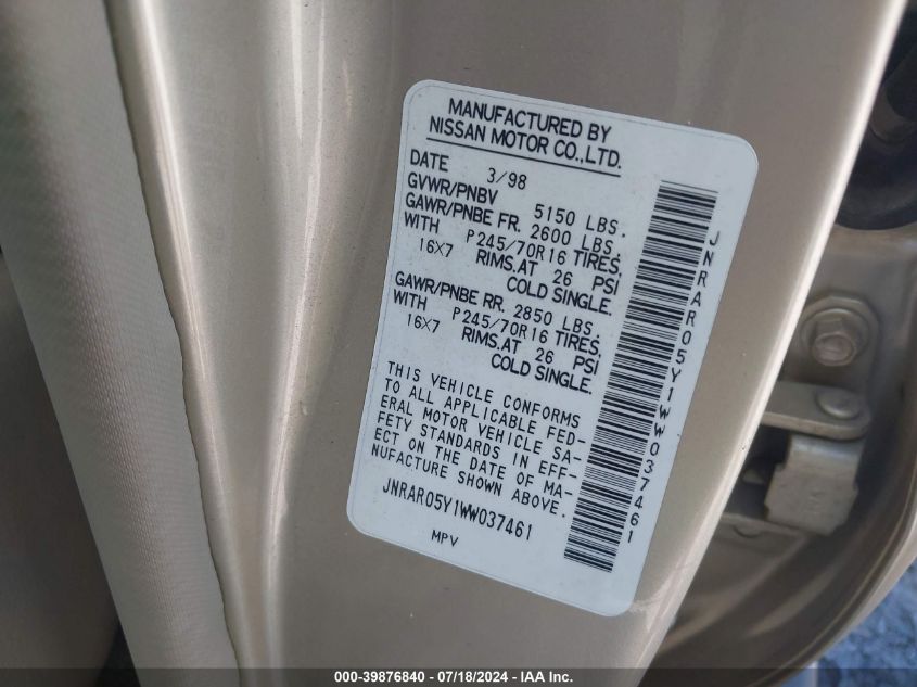 1998 Infiniti Qx4 VIN: JNRAR05Y1WW037461 Lot: 39876840