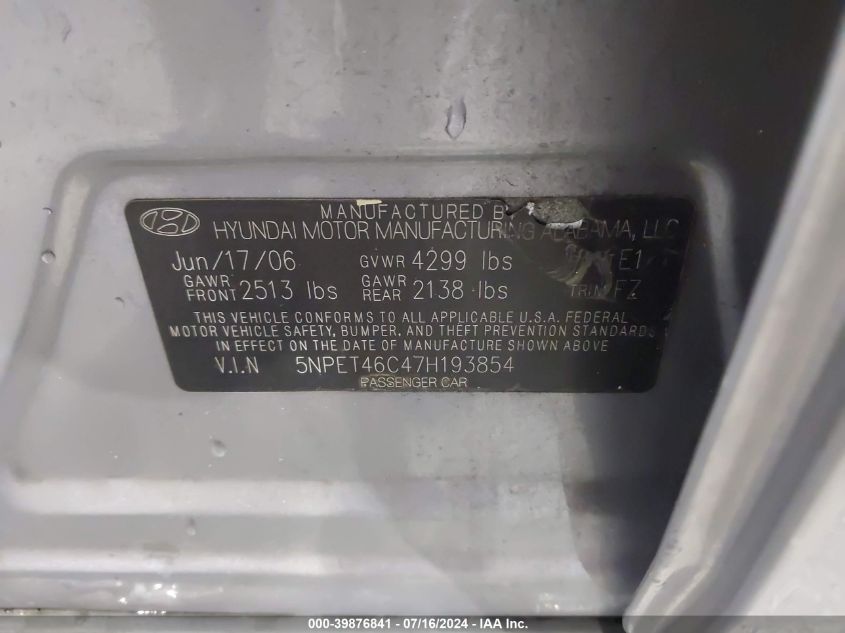 2007 Hyundai Sonata Gls VIN: 5NPET46C47H193854 Lot: 39876841