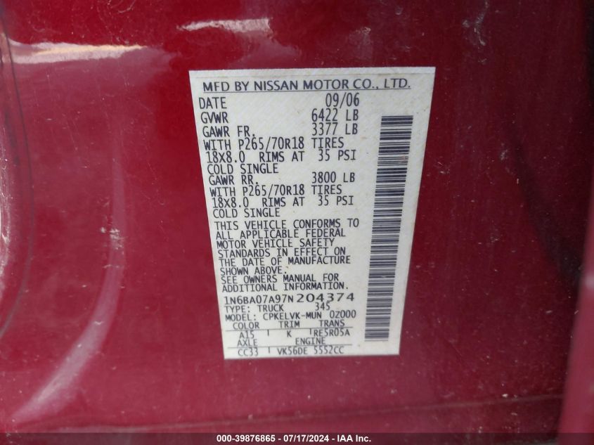 2007 Nissan Titan Le VIN: 1N6BA07A97N204374 Lot: 39876865