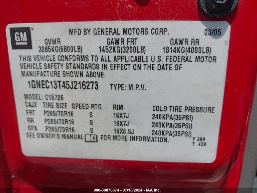 2005 Chevrolet Tahoe Ls VIN: 1GNEC13T45J216273 Lot: 39876874