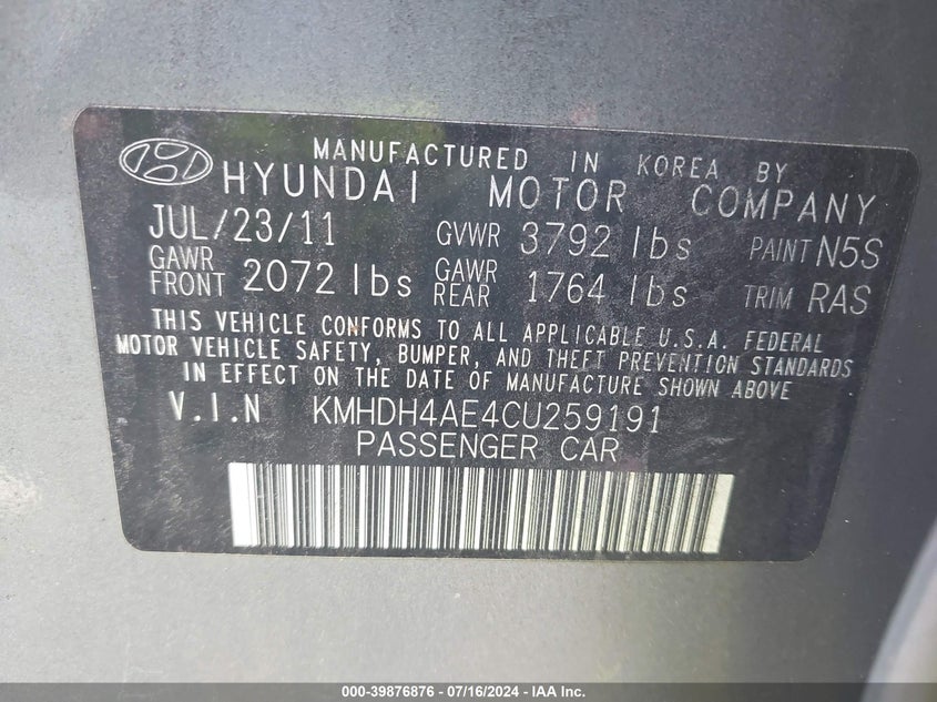 2012 Hyundai Elantra Gls (Ulsan Plant) VIN: KMHDH4AE4CU259191 Lot: 39876876