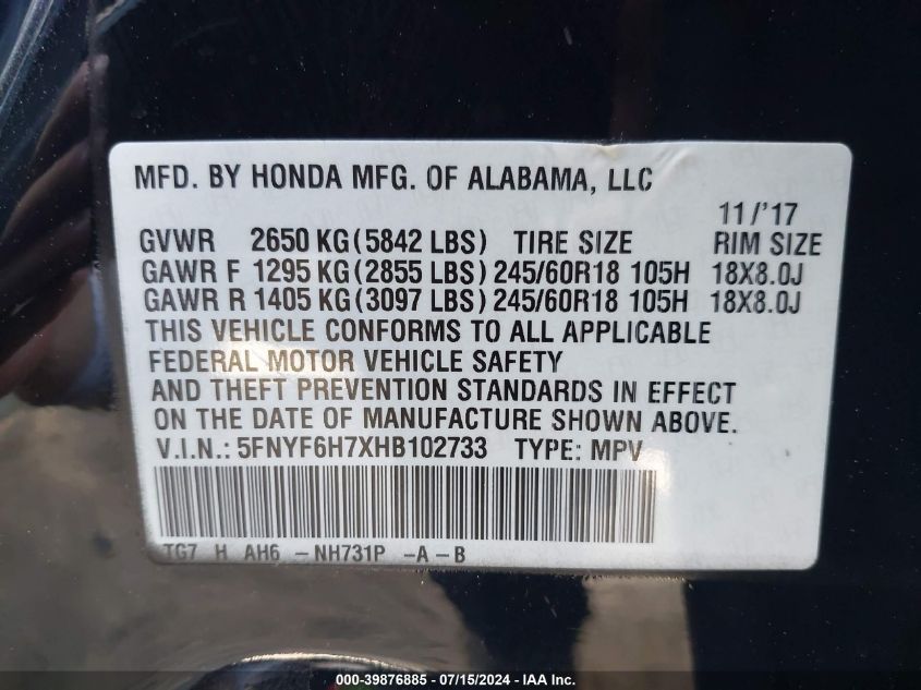 2017 Honda Pilot Ex-L VIN: 5FNYF6H7XHB102733 Lot: 39876885