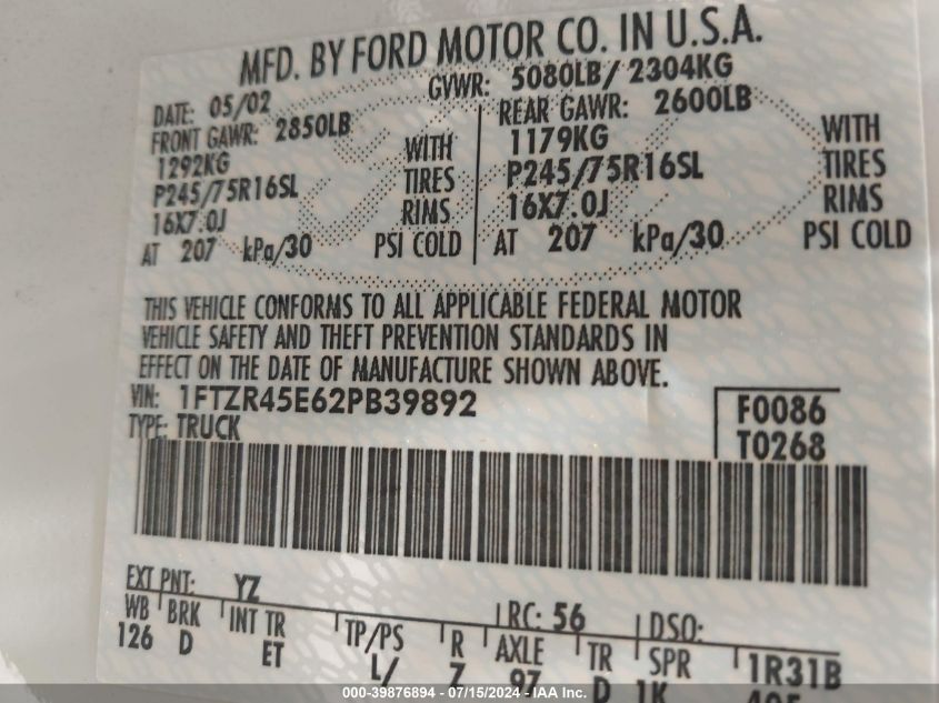 1FTZR45E62PB39892 2002 Ford Ranger Edge/Xlt