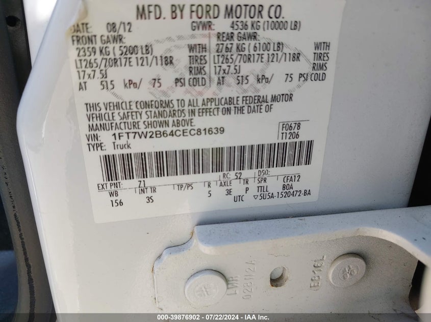 2012 Ford F-250 Xlt VIN: 1FT7W2B64CEC81639 Lot: 39876902