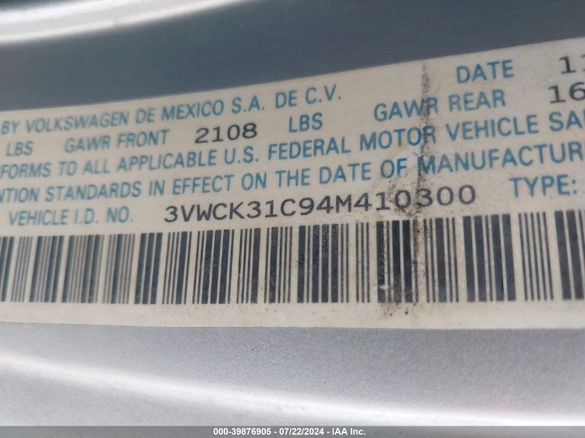 2004 Volkswagen New Beetle Gls 2.0L VIN: 3VWCK31C94M410300 Lot: 39876905